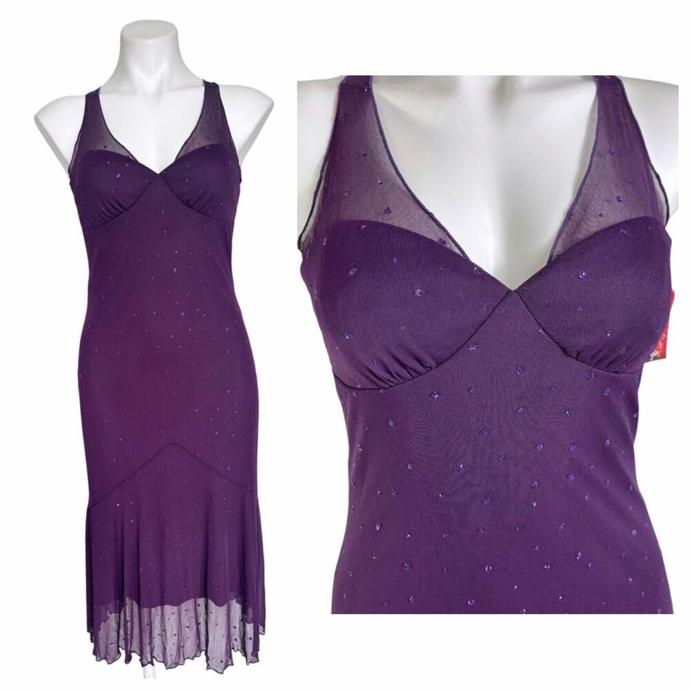 VTG y2k Purple Whimsigoth Fairy Dress McBling Sheer Mesh Overlay Ethereal Goth M